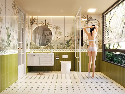 Modern Bathroom With Tropical Plant Pattern Tiles Round Mirror White Vanity And Glass Shower Enclosure 3d model