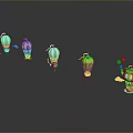 Colorful Cartoon Hot Air Balloons In Various Shapes With Reflections On Dark Background