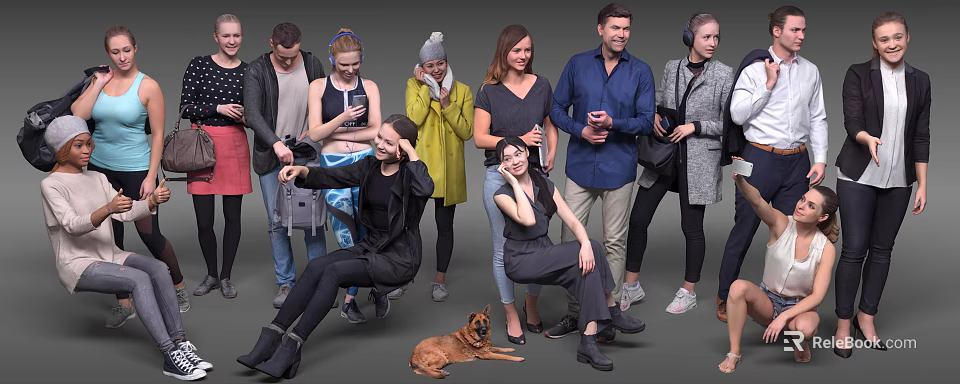 Group of diverse people standing and interacting with a dog in casual attire 3d model 