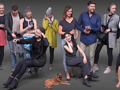 Group of diverse people standing and interacting with a dog in casual attire 3d model