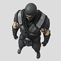 Game Movie Character In Black Combat Suit With Masked Face And Armored Gear