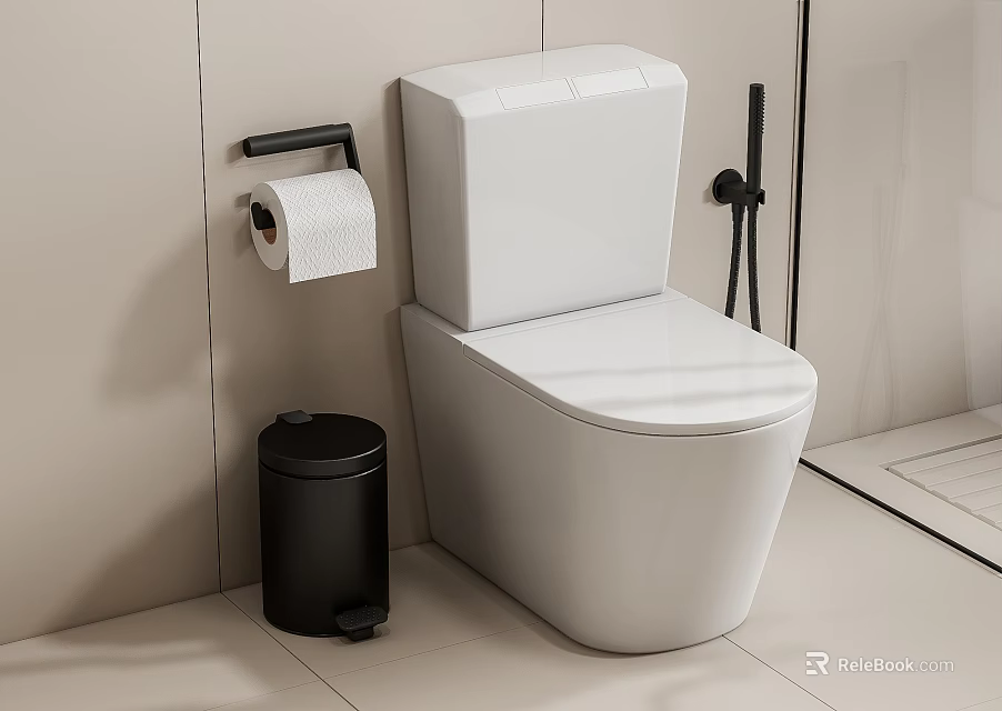 Modern Bathroom White Toilet With Black Trash Can And Toilet Paper Holder 3d model 