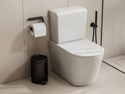 Modern Bathroom White Toilet With Black Trash Can And Toilet Paper Holder 3d model