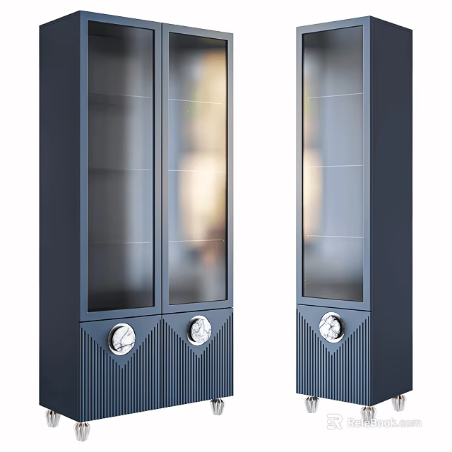 Modern Dark Blue Wine Cabinet With Glass Doors And Circular Base Details 3d model 