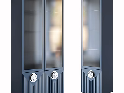 Modern Dark Blue Wine Cabinet With Glass Doors And Circular Base Details 3d model
