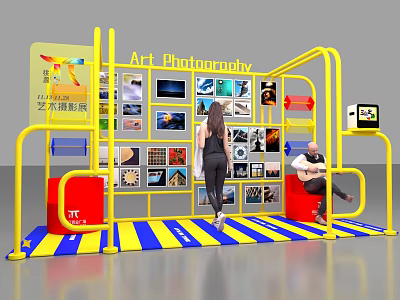 Art Photography Exhibition Booth With Yellow Frame Blue Yellow Striped Mat Displayed Photos And People 3d model