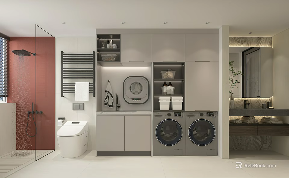 Modern Light Tone Bathroom With Integrated Laundry Cabinets And Smart Toilet Interior Design 3d model 