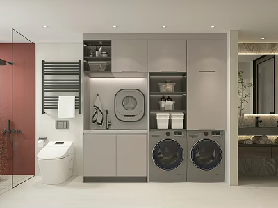 Modern Light Tone Bathroom With Integrated Laundry Cabinets And Smart Toilet Interior Design 3d model