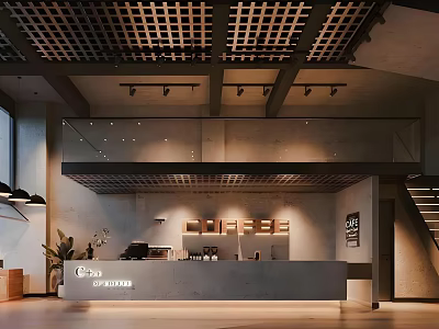 Modern Café Interior Design With Wooden Lattice Ceiling Glass Railing And Counter 3d model
