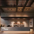Modern Café Interior Design With Wooden Lattice Ceiling Glass Railing And Counter