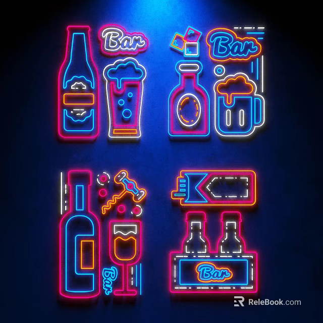 Neon Decorative Lights For Bar Decoration With Beer Bottles Mugs And Bar Signs 3d model 