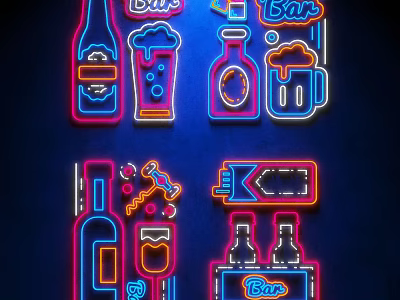 Neon Decorative Lights For Bar Decoration With Beer Bottles Mugs And Bar Signs 3d model
