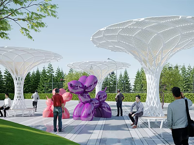 Modern White Lattice Pergola with Green Trees and Purple Sculptures in Park Square 3d model