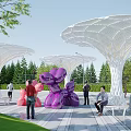 Modern White Lattice Pergola with Green Trees and Purple Sculptures in Park Square
