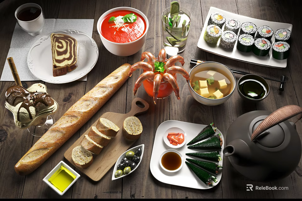 Assorted Delicious Foods Platter Featuring Coffee Swirl Cake Red Soup Sushi Baguette And Sides 3d model 