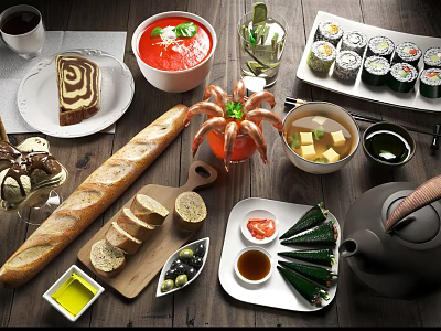 Assorted Delicious Foods Platter Featuring Coffee Swirl Cake Red Soup Sushi Baguette And Sides 3d model