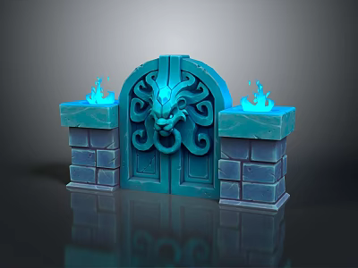 Mystical Blue Door With Dragon Carved Design And Brick Pillars Flaming Torches 3d model