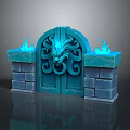 Mystical Blue Door With Dragon Carved Design And Brick Pillars Flaming Torches
