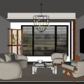 Modern Living Room Interior With Curved Sofa Armchairs Chandelier Coffee Table And Artwork