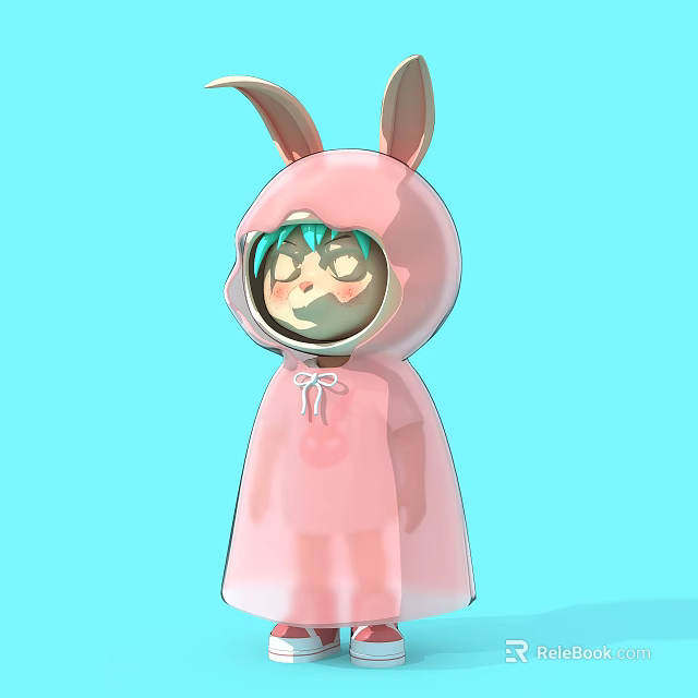 Cute Cartoon Sculpture Carving In Pink Rabbit Costume With Light Blue Background 3d model 