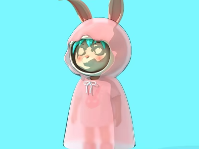 Cute Cartoon Sculpture Carving In Pink Rabbit Costume With Light Blue Background 3d model