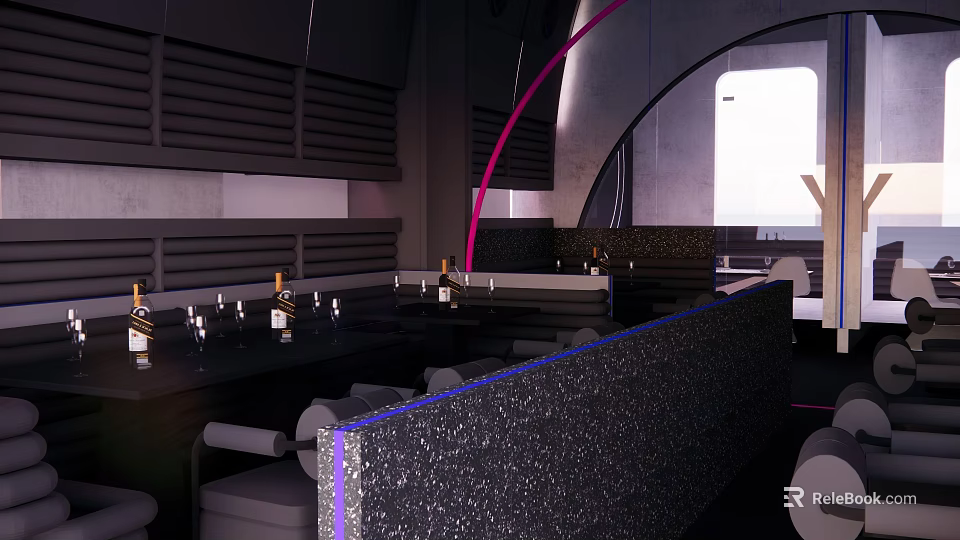 Modern KTV Interior With Bar Counter Wine Bottles Sofas And Purple Lighting 3d model