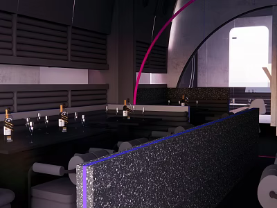 Modern KTV Interior With Bar Counter Wine Bottles Sofas And Purple Lighting 3d model