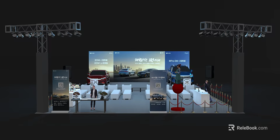 Modern Auto Show Booth Featuring Large Screen Display Cars Seats And Attendees 3d model 
