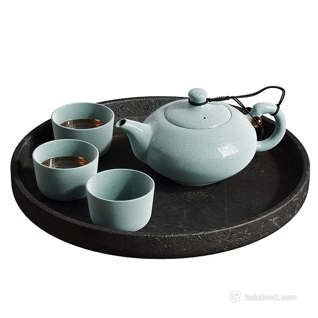 Elegant Celadon Ceramic Teaset With Teapot And Teacups On Black Tray 3d model 