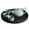 Elegant Celadon Ceramic Teaset With Teapot And Teacups On Black Tray