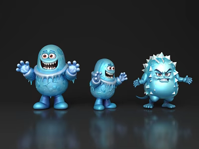 Blue Slime Like Cartoon Game Movie Characters With Different Sizes And Spiky Features 3d model