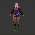 3D Model Character With Silver Hair Purple Dress Black Leather Sleeves Chain Belt And Boots