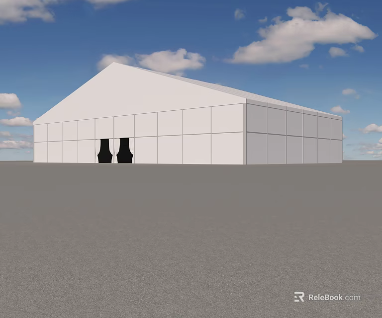 Large White Square Tent Structure With Black Entrances Against Blue Sky 3d model