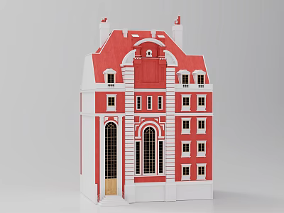Red and White Detached Villa With Arched Windows Multiple Windows and Chimneys 3d model
