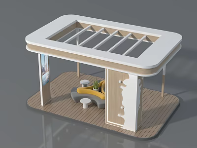 Landscape Pavilion With White Open Roof Wooden Floor Yellow Sofa And White Round Table 3d model