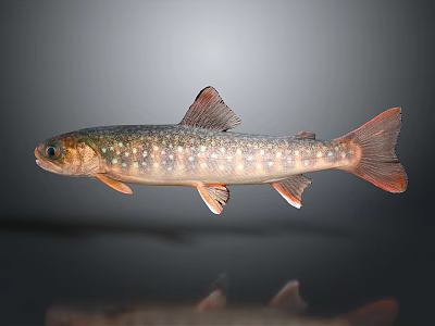 Spotted Green And Red Fish With Red Fins Tail On Gray Background With Reflection 3d model