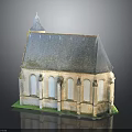 Traditional Church Building With Gray Roof Stone Exterior Tower Spire And Arched Windows