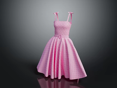 Fashionable Pink Checkered Women's Dress With Spaghetti Straps Belt And Pleated Skirt 3d model
