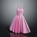Fashionable Pink Checkered Women's Dress With Spaghetti Straps Belt And Pleated Skirt