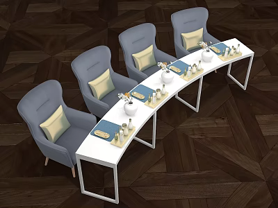 Gray Dining Chairs with White Table Blue Placemats White Vases Tableware on Dark Parquet Floor 3d model