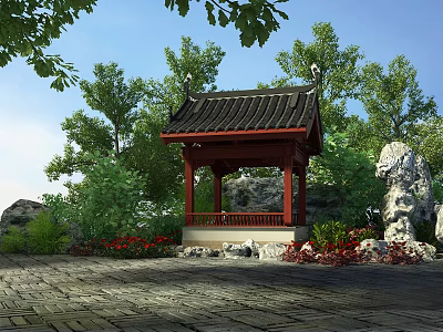 Chinese Traditional Pavilion With Black Roof Red Pillars Surrounding Trees Rocks And Red Flowers 3d model