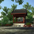 Chinese Traditional Pavilion With Black Roof Red Pillars Surrounding Trees Rocks And Red Flowers