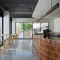 Bright Modern Café Interior With Wooden Bar Stools And Large Windows