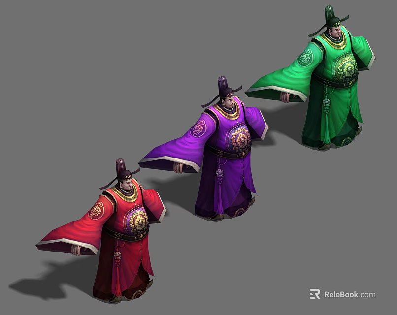 Three Men In Traditional Colorful Costumes With Red Purple Green Outfits And Hats 3d model 