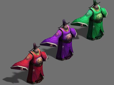 Three Men In Traditional Colorful Costumes With Red Purple Green Outfits And Hats 3d model