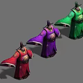 Three Men In Traditional Colorful Costumes With Red Purple Green Outfits And Hats