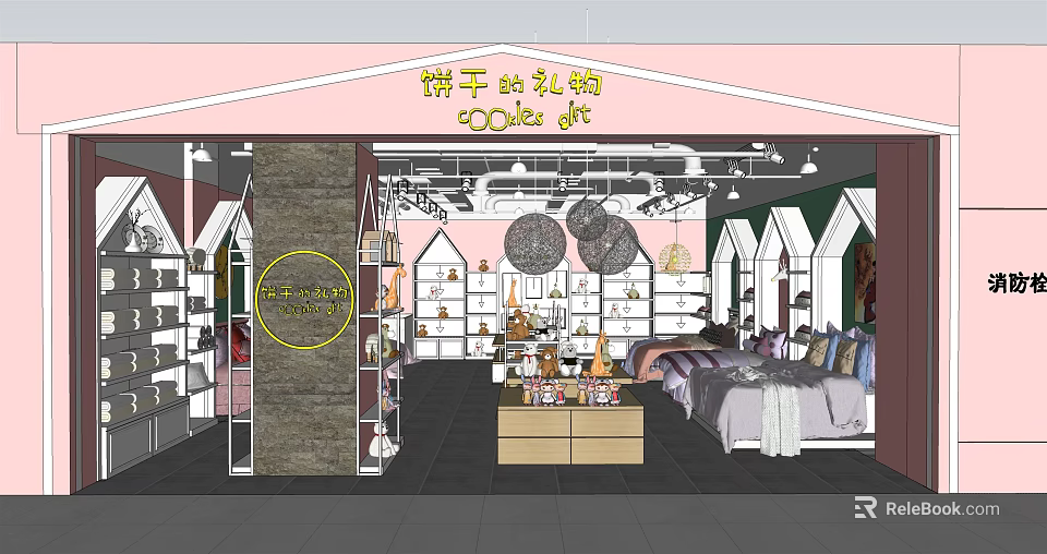 Shopping Mall Store with Pink Exterior Cookies Display and Decorative Shelves 3d model 