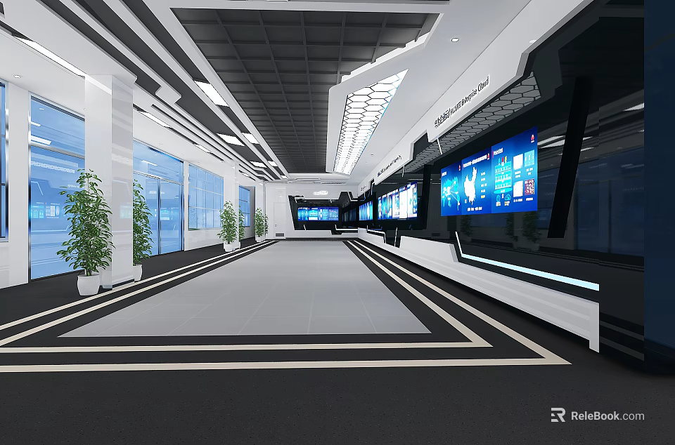 Modern Tech Corridor Interior Featuring Digital Screens Green Plants And Spacious Design 3d model 