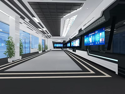 Modern Tech Corridor Interior Featuring Digital Screens Green Plants And Spacious Design 3d model