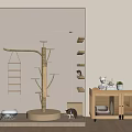 Cat Play Space With Wooden Cat Tree Litter Box And Toys Near Glass Partition